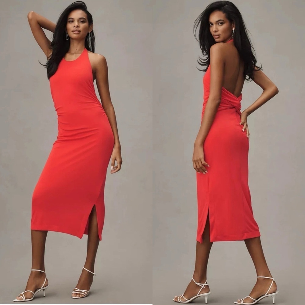 NWT Anthropologie Slinky Knit Halter Dress L Red Backless Cocktail Party Sheath